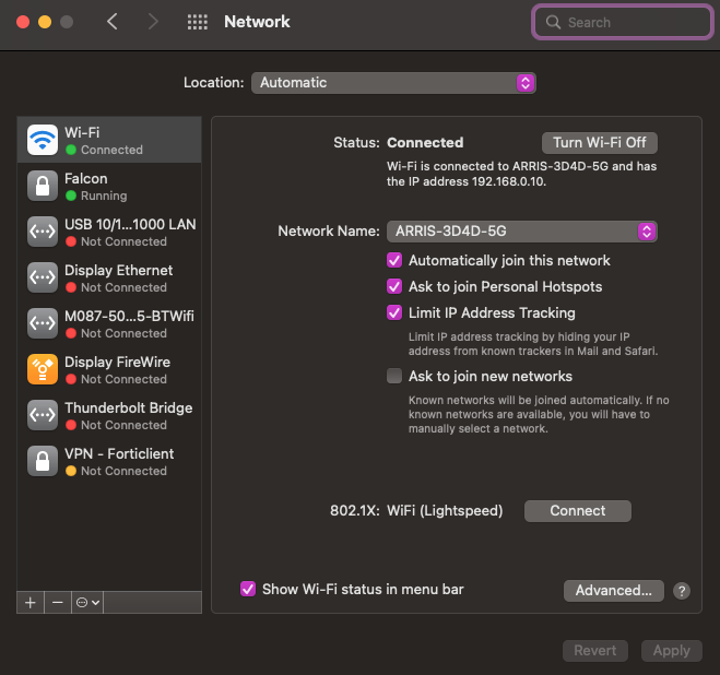 Onderdeel Netwerk onder Systeemvoorkeuren in MacOS