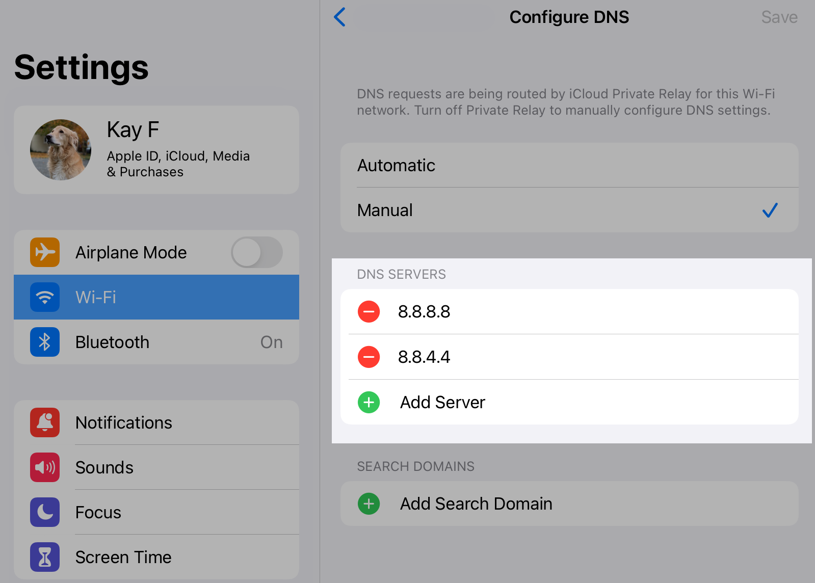 Handmatige DNS-configuratie met Google IPv4-adressen in iOS