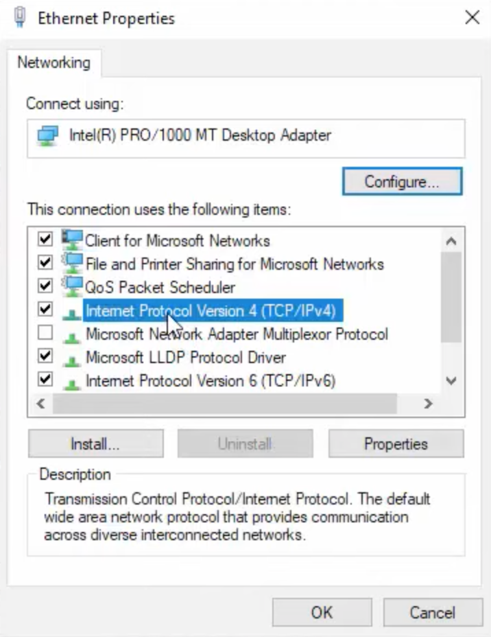 Selectie van internetprotocolversie 4 in eigenschappen van verbinding in Windows