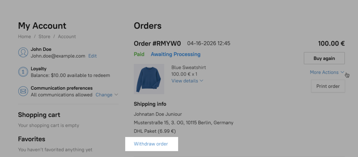 The Withdraw order button in a customer account