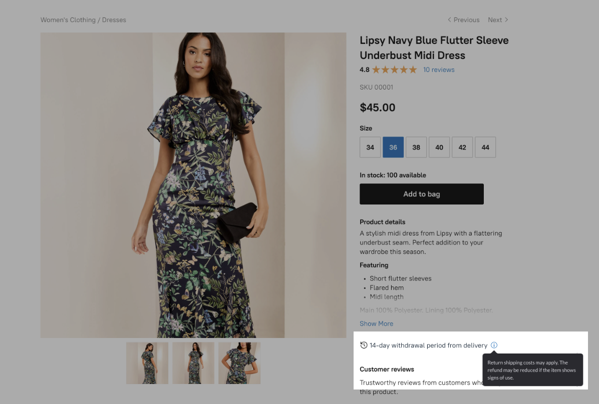 Withdrawal period specified on a product page in the online storefront