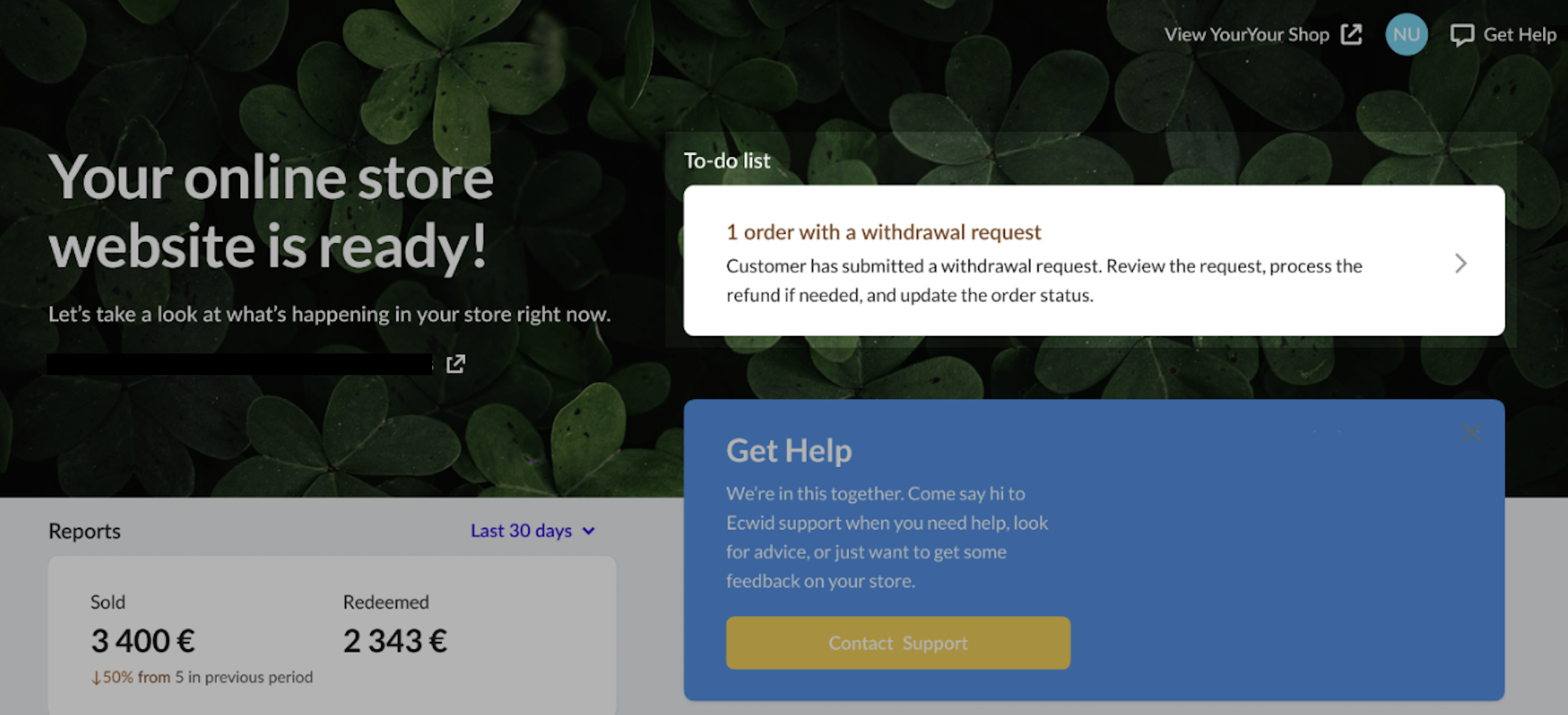 Dashboard page with a withdrawal request notification