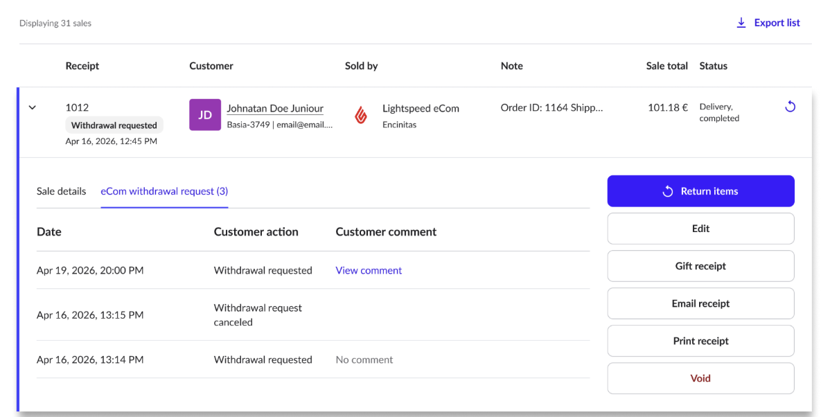 An order with withdrawal request on the Sales history tab