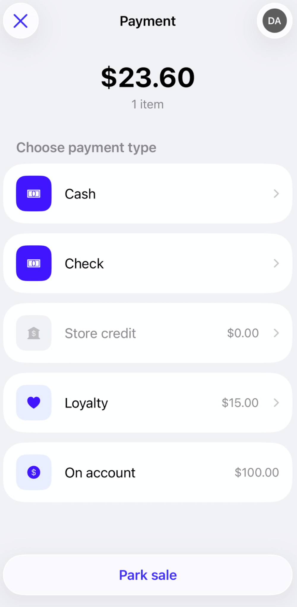 Scanner app payments screen showing loyalty and cash options.