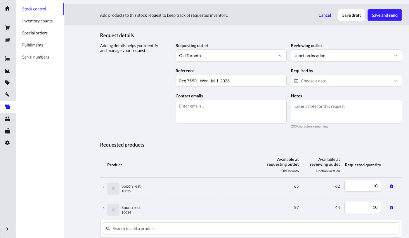 Stock
    transfer request page showing fields to enter information and products and
    quantities added.