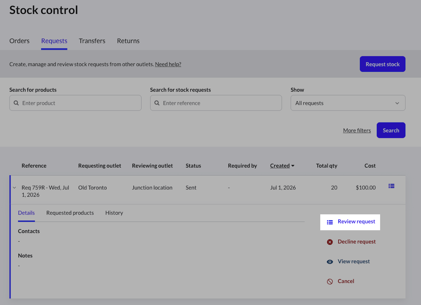 Stock
    request details showing Review request button highlighted.