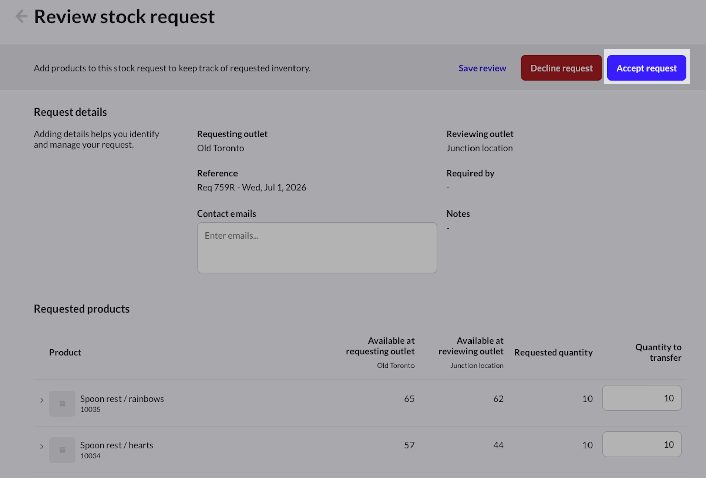 Review
    stock request page showing Accept request button highlighted.