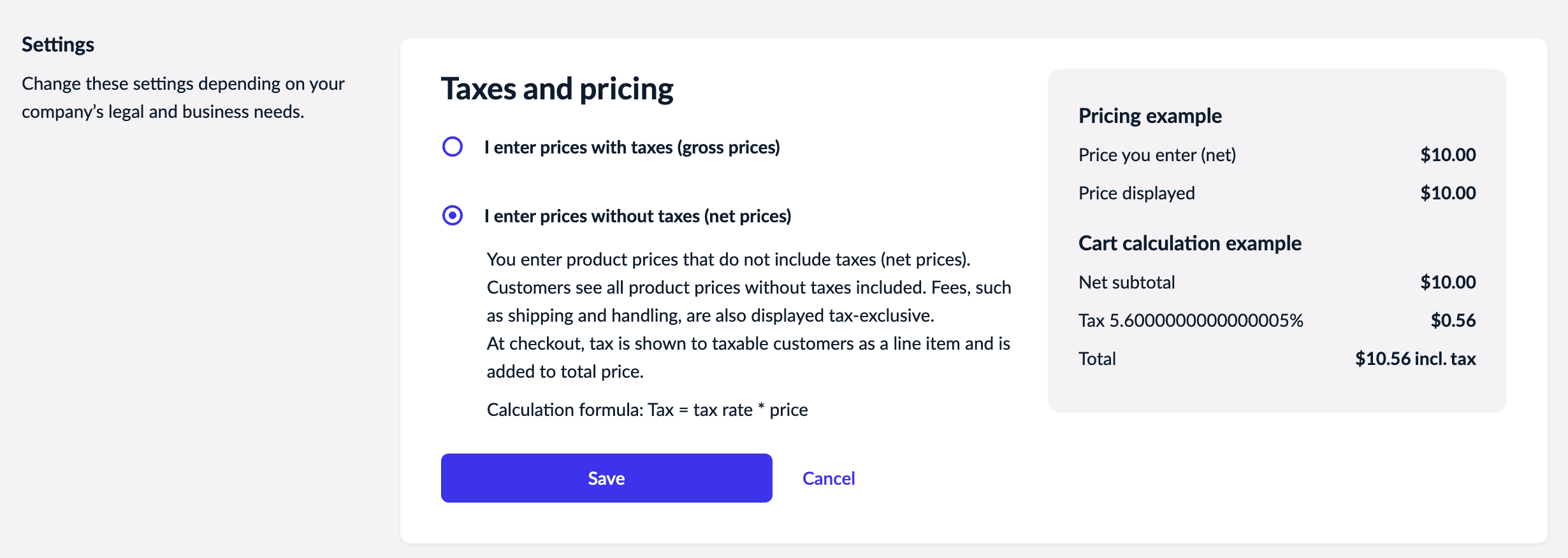 The Taxes and pricing block on the Taxes page in eCom