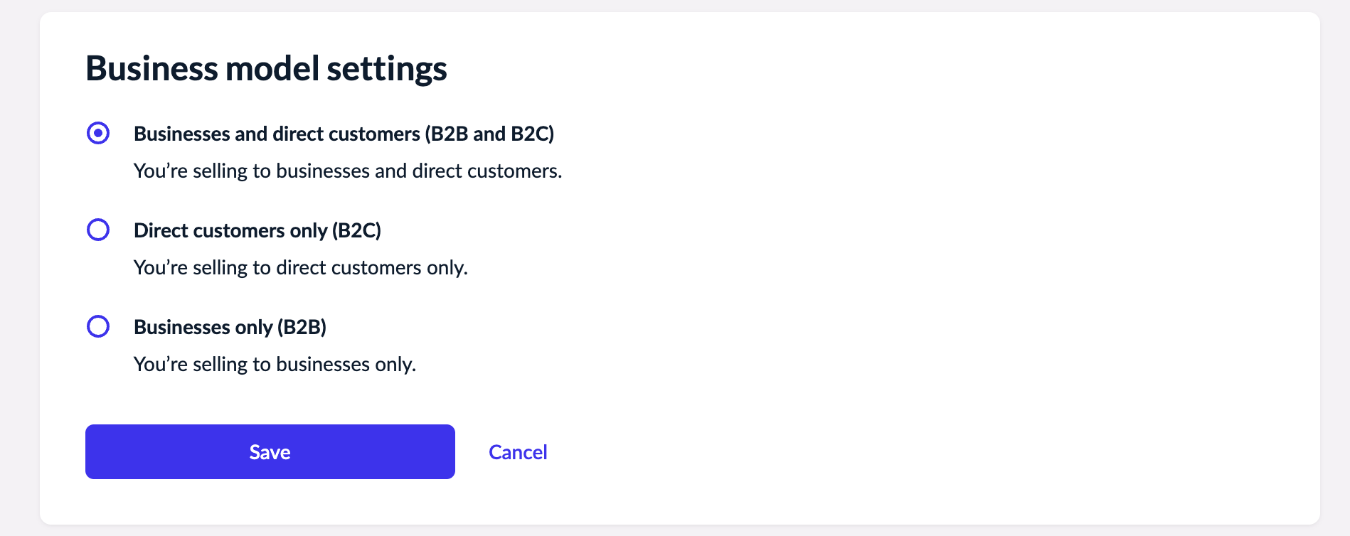 The Business model settings on the Taxes page in eCom