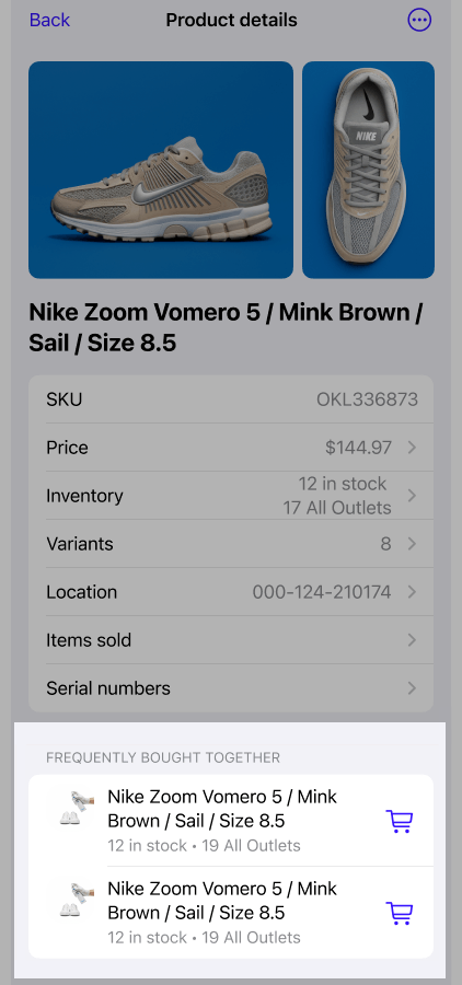 Product details screen with Frequently Bought Together suggestions highlighted.
