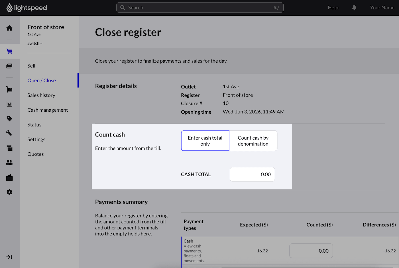 Close register page with Enter cash total only selected and Cash total field emphasized.