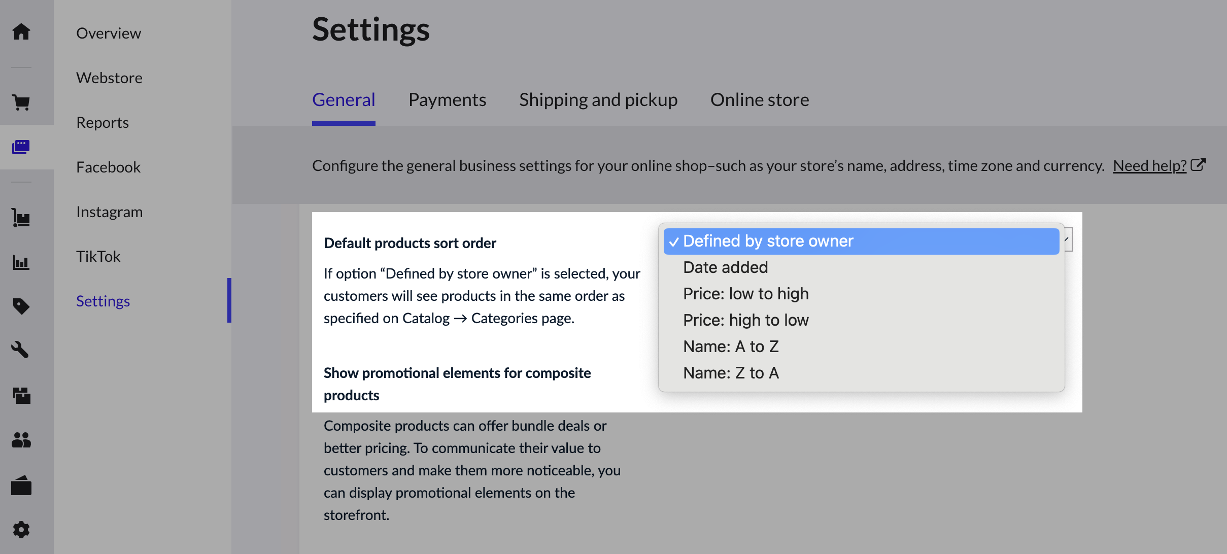 The Default products sort order dropdown