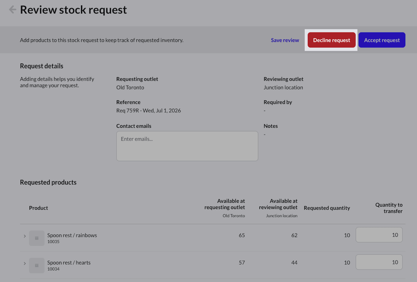 Pagina voor het controleren van voorraadverzoeken met de knop 'Verzoek weigeren' gemarkeerd.
