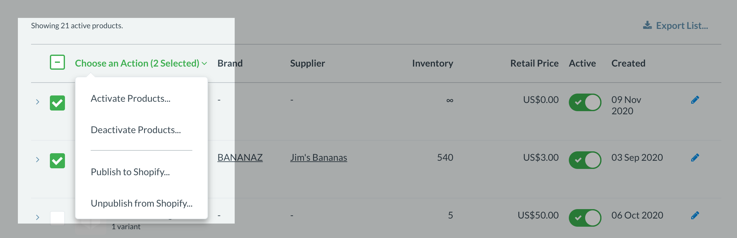 The products dropdown, highlighting the options to publish or unpublish from Shopify.