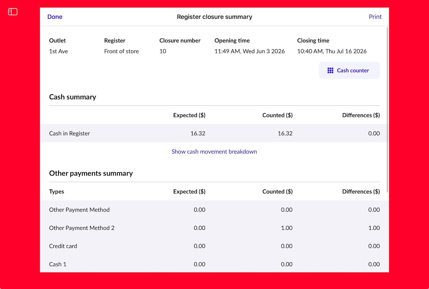Register closure summary with options to Print or tap Done to close.