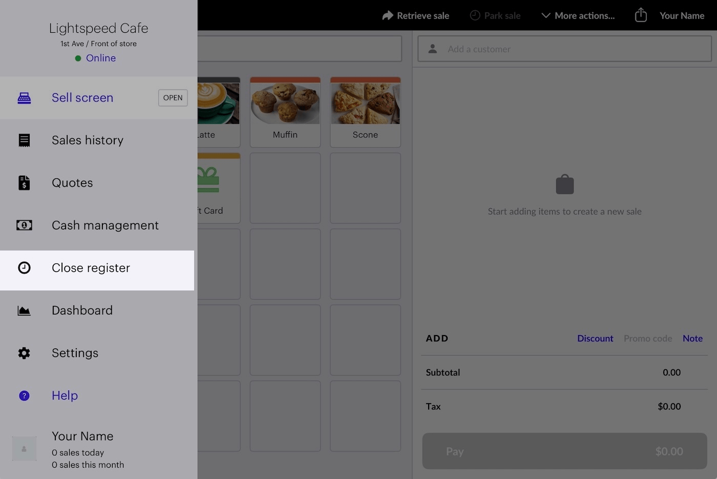Main menu with Close register emphasized.