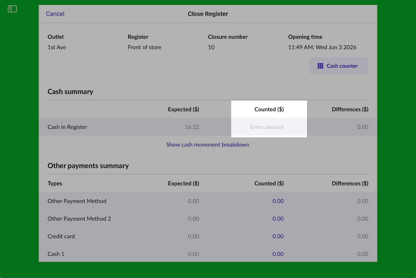 Close Register page with Counted ($) field emphasized.