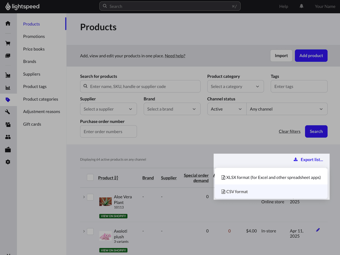 Page Produits affichant les options de format d’exportation XLSX ou CSV.