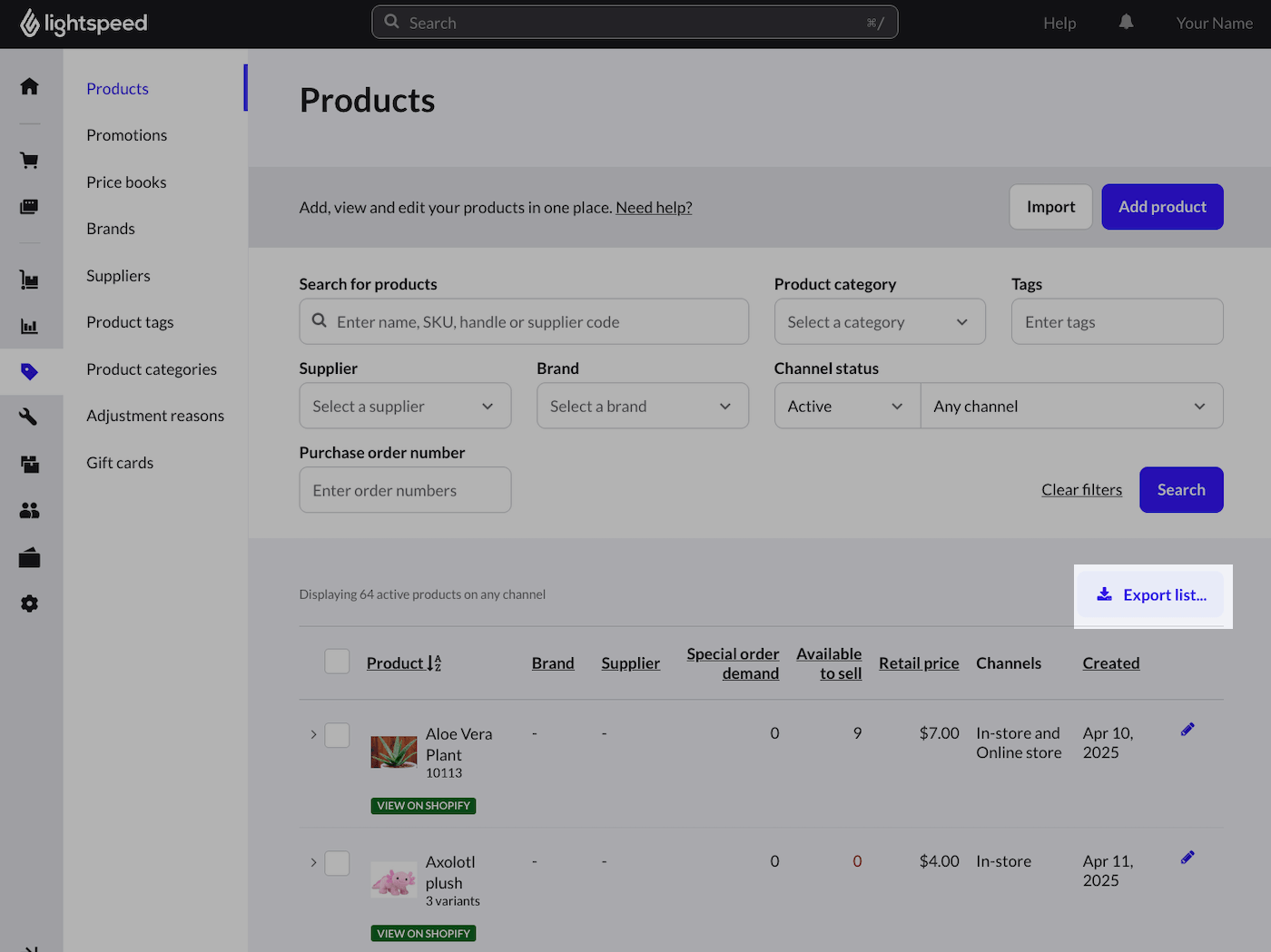 Page Produits avec l’option 'Exporter...' mise en évidence.