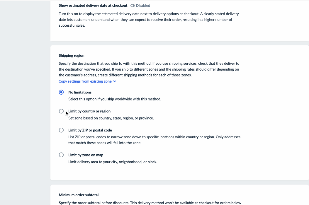 Choosing zones for Canada and US from the dropdown