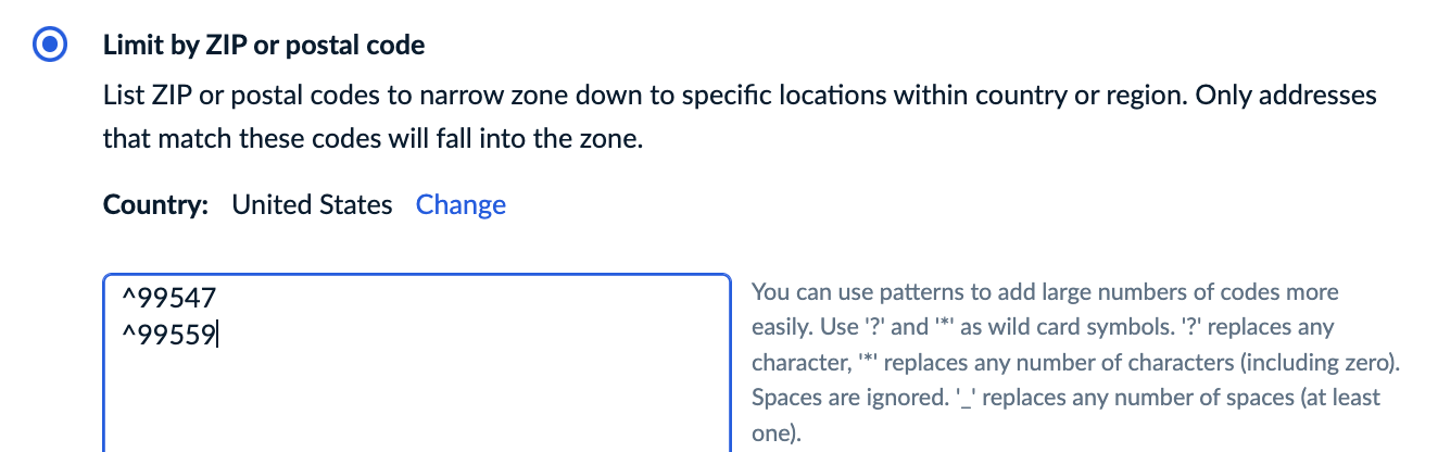Example of excluded zip codes in the Limit by ZIP or postal code field
