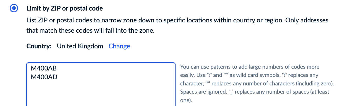 Limit by ZIP or postal code field with UK code examples