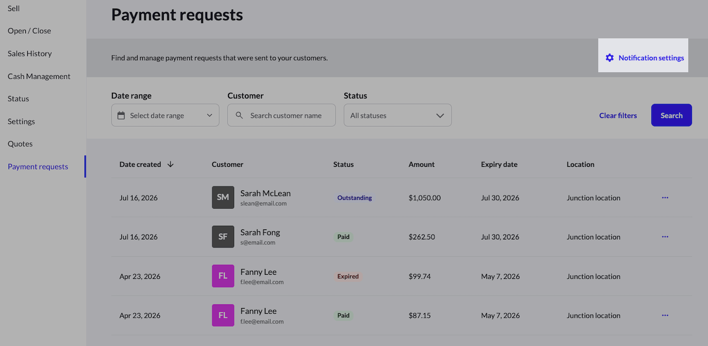 Payment requests page showing notification settings button highlighted.