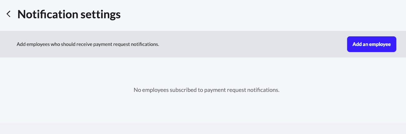 Notification settings page showing add an employee button highlighted.