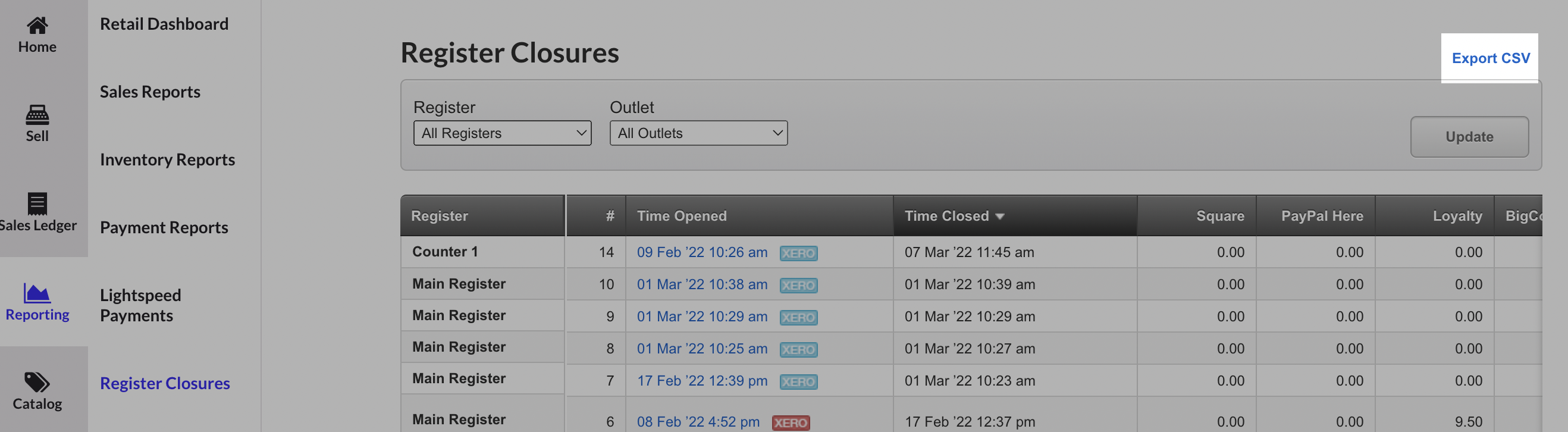 The Export CSV button highlighted on the Register closures page.