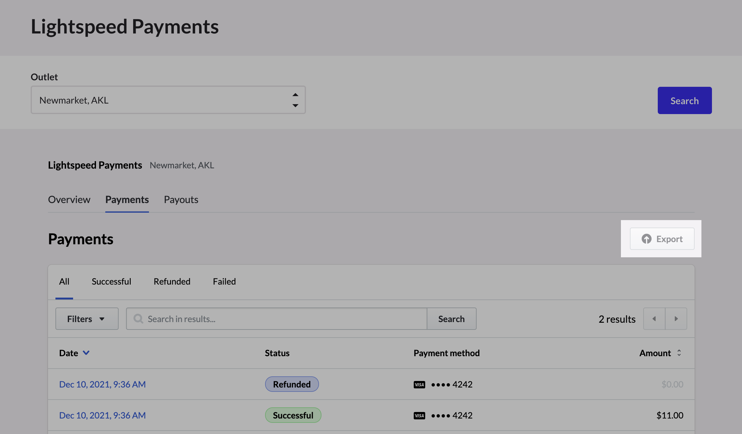 The Export button highlighted on the Lightspeed Payments page.
