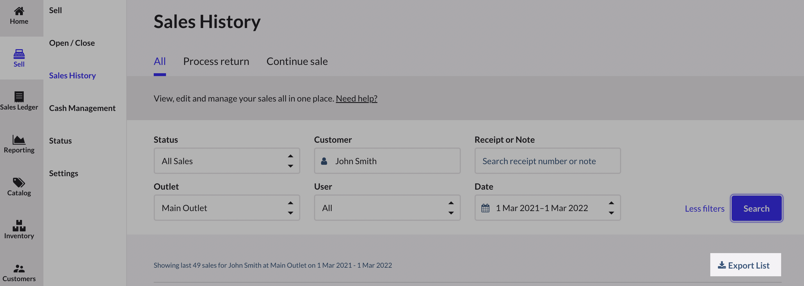 Export list button highlighted on the Sales History page.