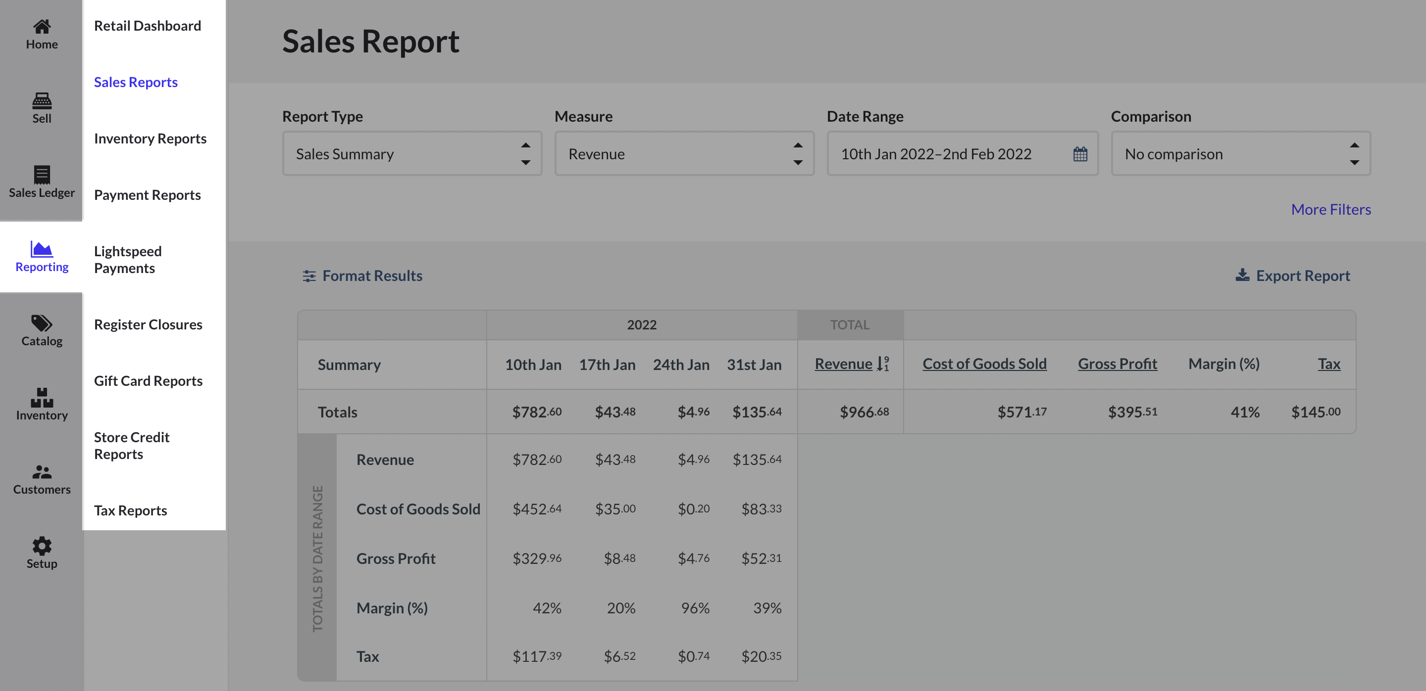 Retail POS Reporting side navigation menu highlighted.
