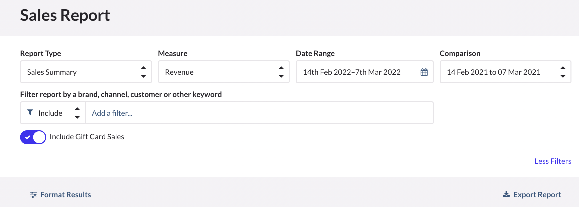 The Sales Report page displaying the filters and include gift card sales toggle.