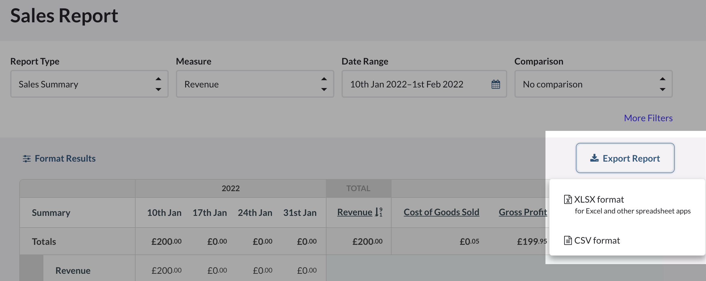 The export report button highlighted.