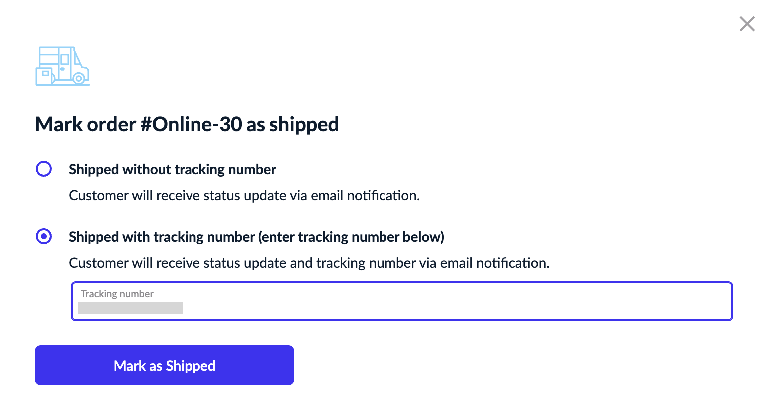 The Shipped with tracking number field with the tracking number in it