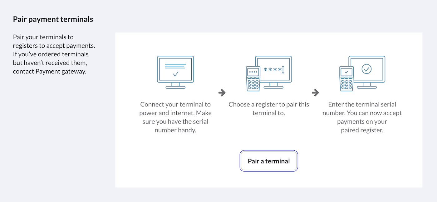 Pair payment terminals section with steps to pair a terminal.