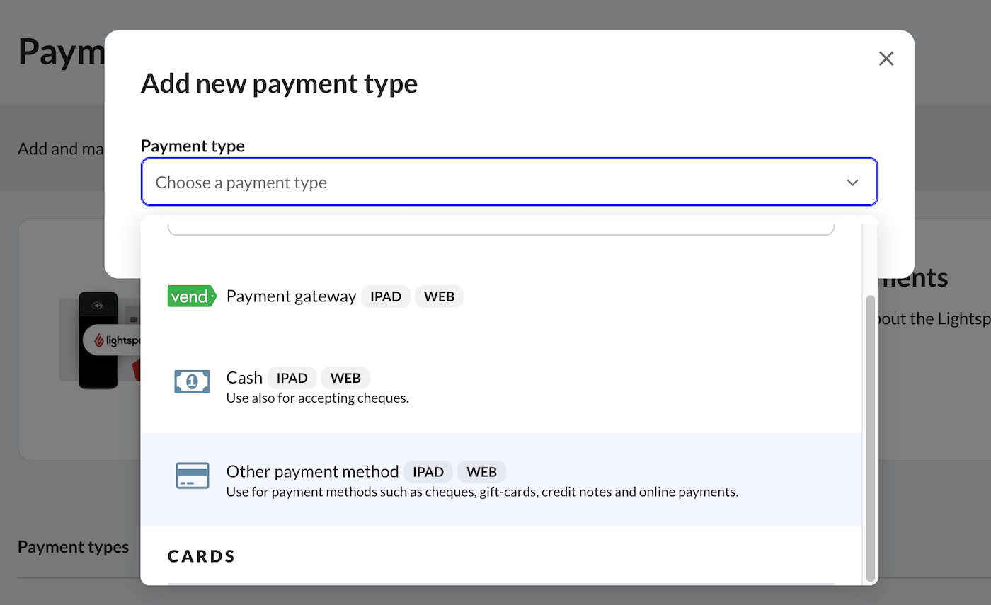 Payment type dropdown with Other payment method option highlighted.