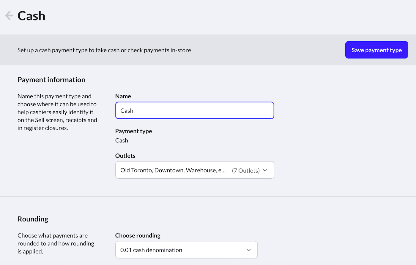 Payment type details page with name, outlets, and rounding options.