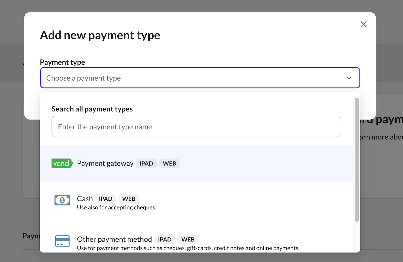 Payment type dropdown with Payment gateway option highlighted.