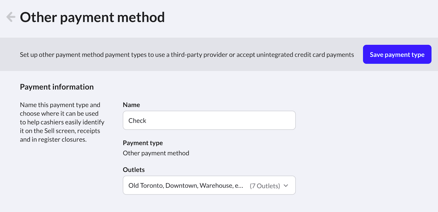 Payment type details page with name and outlets options.