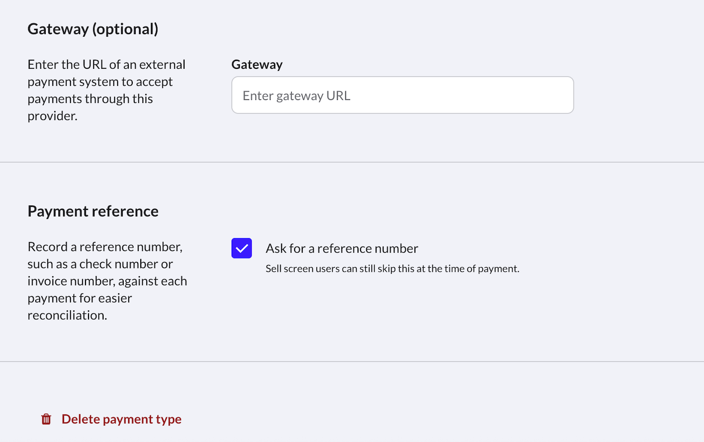 Payment type details page with gateway and payment reference options.