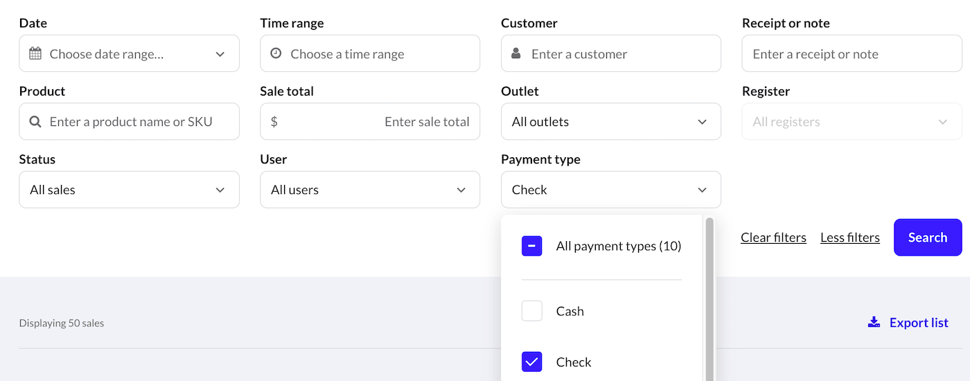 Sales history page showing More filters and Check payment type selected in the dropdown.