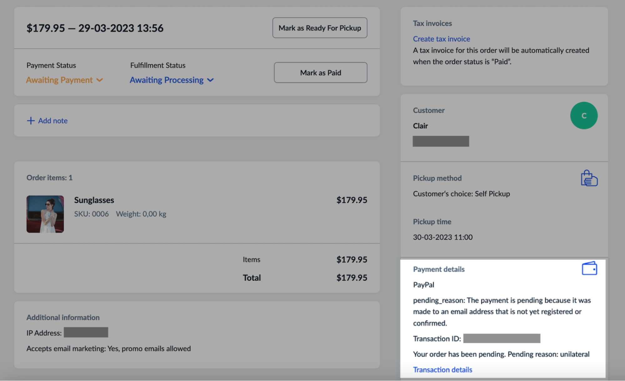 Order page in the eCom admin with Payment details block highlighted