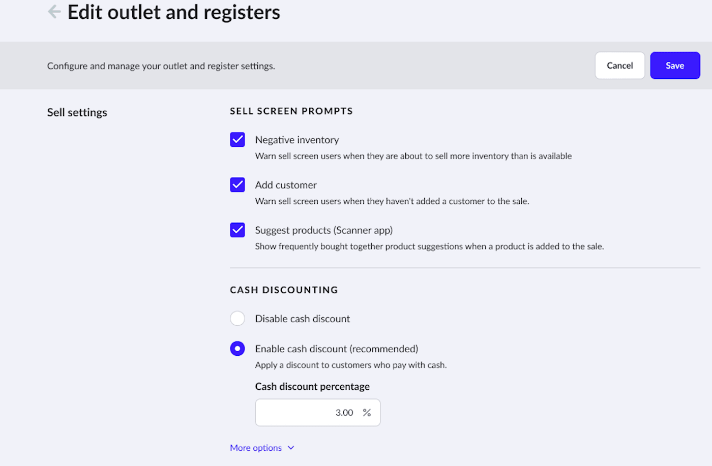 Edit outlets and registers page with the Enable cash discount option selected.