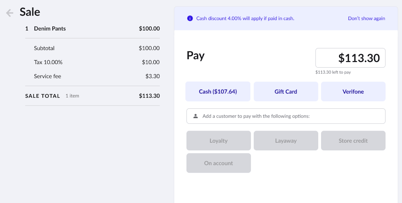 Sale page showing the Cash option with the cash payment price in parentheses on the button.
