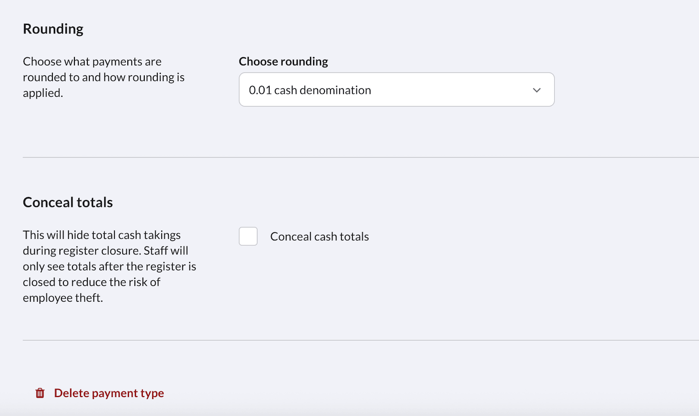 La page des détails du type de paiement avec les options Arrondi et Masquer les totaux.