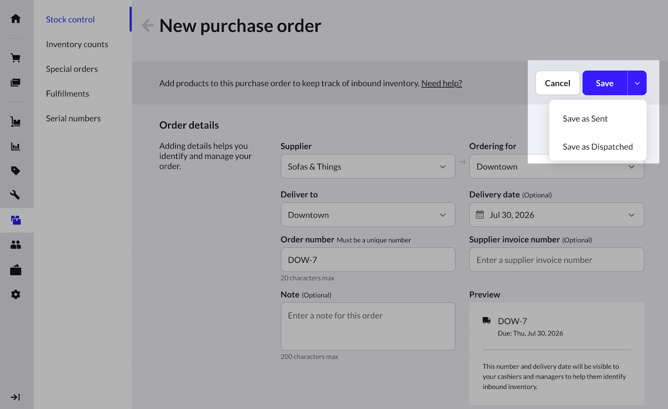 Save as sent and save as dispatched options highlighted from the expanded save button.