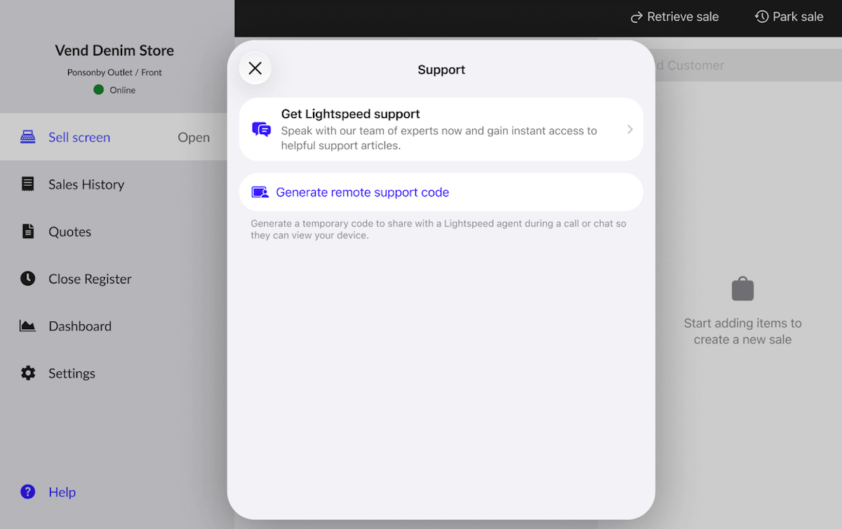 The Retail (X) app with the Support pop-up active.