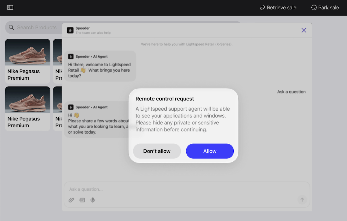 The Remote control request pop-up with Don’t allow and Allow buttons.