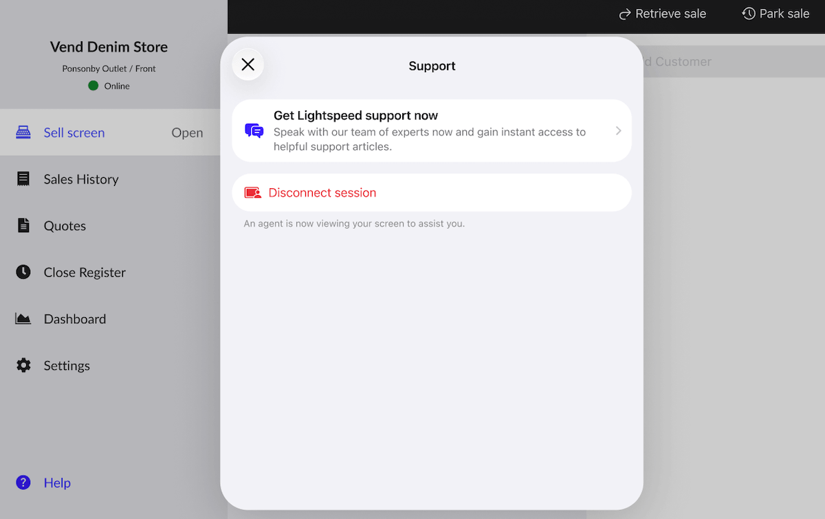 The Retail (X) app Support pop-up with the Disconnect session option.